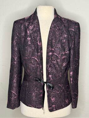 Perceptions New York purple floral jacquard jacket open front with ribbon 14 vtg